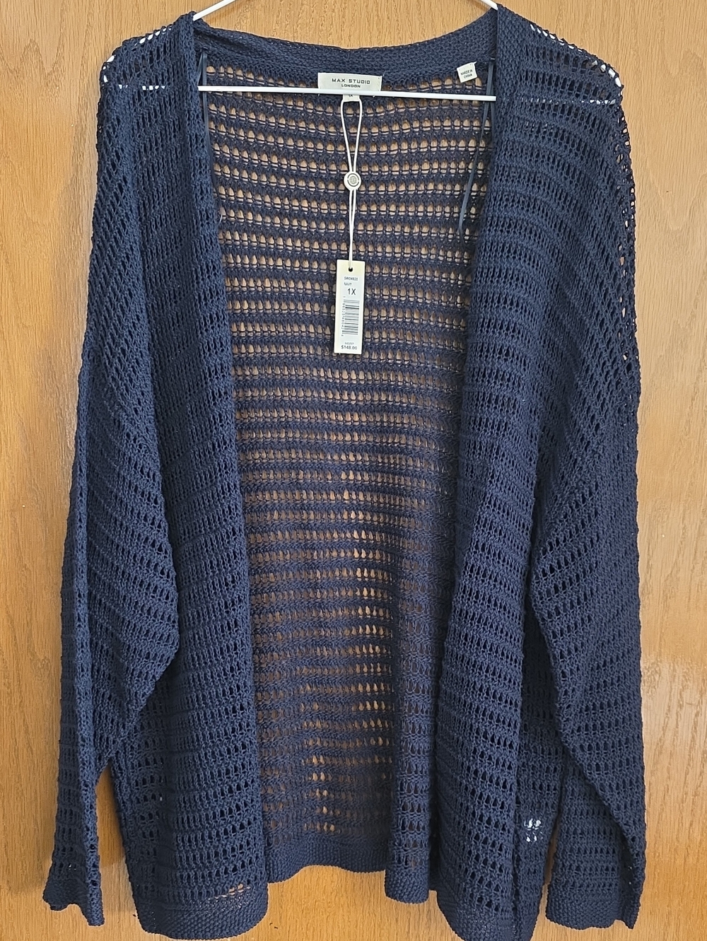 Max Studio Navy Open-Front Crochet Cardigan